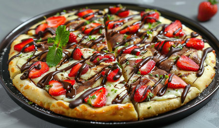 A pizza on a pan is covered in rich chocolate and topped with fresh strawberries, creating a unique and decadent dessert treat.の素材