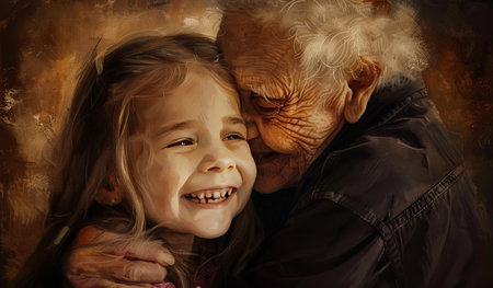 An elderly man is embracing a young girl tenderly. The mans weathered face exudes warmth and care, while the girl seems comforted in his arms.の素材