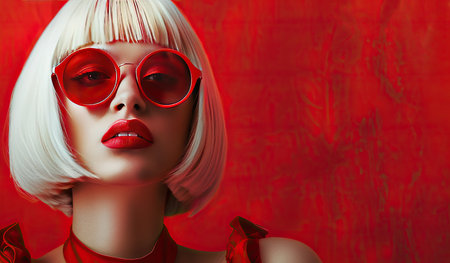 A painting depicting a woman with long hair, wearing red glasses. She is looking directly at the viewer with a confident expression. The vibrant red glasses stand out against the neutral background.の素材