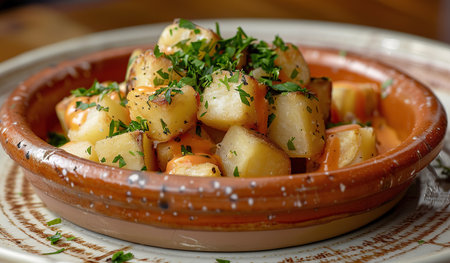 A brown bowl filled with potatoes sits on top of a wooden table. The potatoes are fresh and unpeeled, creating a rustic and inviting scene.の素材