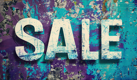 A blue and purple sign prominently displays the word sale in large, bold letters. The colors contrast sharply against each other, making the sign eye-catching and easily visible from a distance.の素材