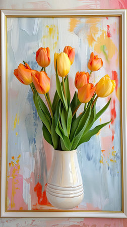 A painting featuring a bouquet of vibrant orange and yellow tulips arranged in a white vase, set against a neutral background. The tulips stand tall with their delicate petals and green stems, creating a striking contrast against the white vase.の素材