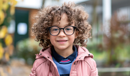 A little girl wearing glasses and a pink jacket is standing outdoors. She looks curious and engaged with her surroundings, exuding a sense of innocence and youthfulness.の素材