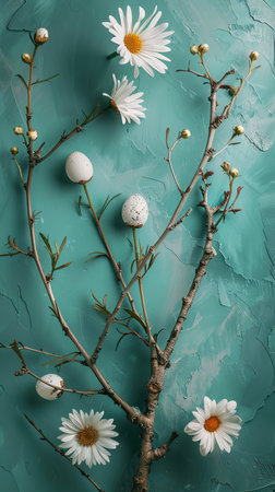 A branch with delicate white flowers blooming on it, with small eggs nestled among the petals. The scene captures the springtime essence of renewal and new life.の素材