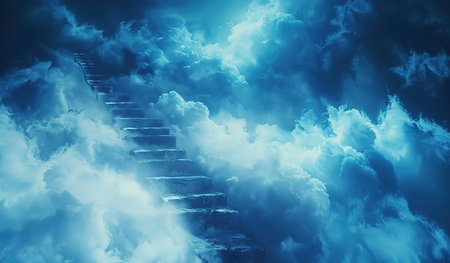 A stairway ascends towards a cloudy sky, disappearing into the mist above. The steps lead upwards, disappearing into the white clouds.の素材