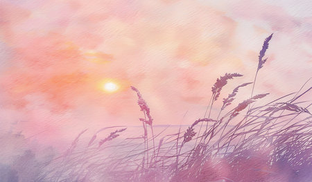 A painting showing the vibrant colors of a sunset casting a warm glow over a field of tall grass. The sky is a mix of oranges, pinks, and purples, while the grass sways in the gentle breeze.の素材