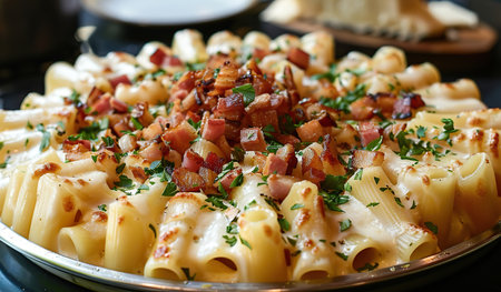 A plate filled with al dente pasta topped with crispy bacon pieces and freshly chopped parsley. The savory aroma of bacon complements the rich flavors of the pasta dish in this appetizing meal.の素材