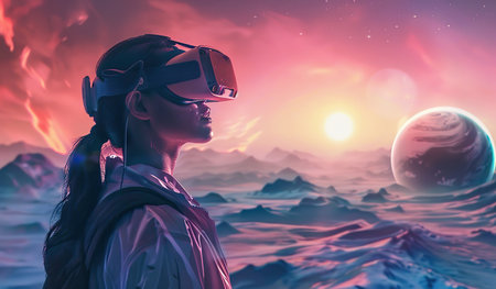 A woman wearing a virtual reality headset is standing in front of a large planet. She appears focused and engaged with the virtual world displayed in the headset.の素材