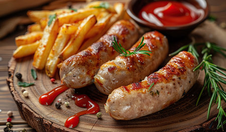 A close-up view of sausages and French fries served with a side of ketchup on a white plate. The sausages are cooked to perfection, crispy on the outside and juicy on the inside, while the French fries are golden and crunchy.の素材
