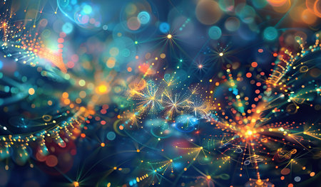 A colorful abstract background featuring a dynamic interplay of bright lights in various hues. The lights create a mesmerizing display, enhancing the overall vibrancy of the composition.の素材