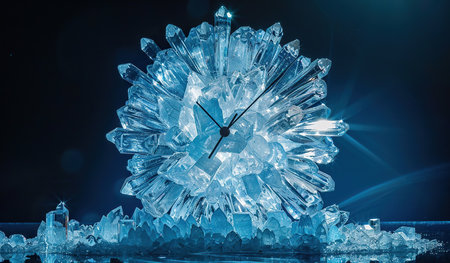A clock made entirely out of ice sits on a wooden table, glistening under the light. The ice shows intricate details of the clock face, hands, and numbers, reflecting its fragile nature.の素材