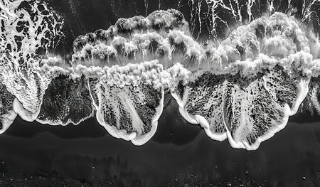 In this black and white scene, powerful waves relentlessly crash onto the sandy beach, creating a dynamic and turbulent display of natures might. The foamy water rushes towards the shore with a resounding roar, leaving a trail of sea spray in its wake.の素材