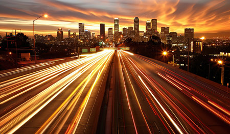The city skyline comes alive at night in this long exposure shot, showcasing streaks of light from passing traffic and illuminated buildings against a dark sky.の素材