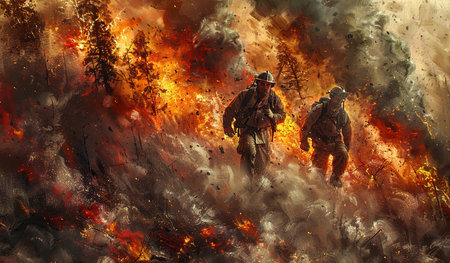 Two men are depicted walking through a raging fire in this painting. The flames surround them as they bravely make their way through the intense heat and smoke.の素材