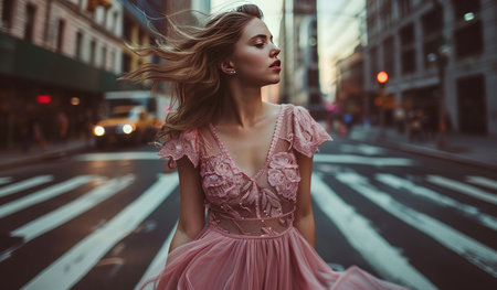 In the image, a woman wearing a pink dress is gracefully walking down the street. She is the main focus, moving forward in a confident manner amidst a bustling urban setting.の素材