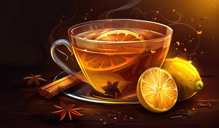 A white cup holding a hot tea made with orange slices and cinnamon sticks. The tea is steaming as the aromatic flavors blend together.の素材