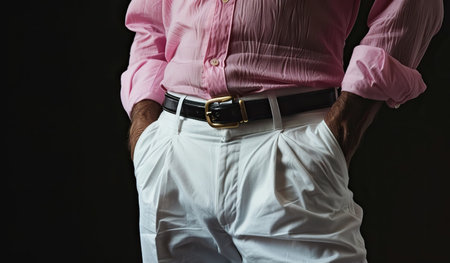 A man wearing a pink shirt and white pants is standing outdoors, appearing casual and relaxed. He is confidently walking across a street, showcasing a stylish fashion sense.の素材