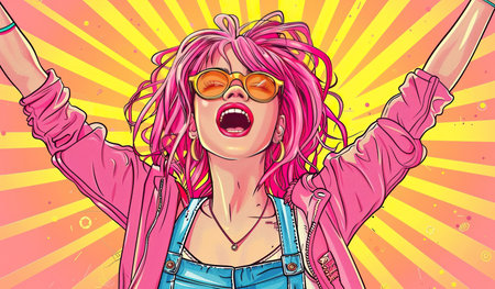 A woman with pink hair and sunglasses is joyfully raising her arms in the air. She is dressed casually and appears to be celebrating or expressing excitement.の素材