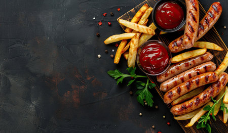 A plate filled with crispy French fries, juicy sausages, and a side of ketchup. The golden fries are perfectly cooked and the sausages are seared to perfection.の素材