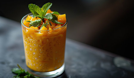 A glass filled with freshly squeezed orange juice, topped with a sprig of mint leaves for decoration. The vibrant citrus drink contrasts beautifully with the bright green of the mint garnish.の素材