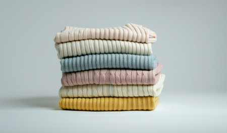 A stack of neatly folded sweaters is arranged one on top of the other, creating a neat and organized display. The sweaters vary in colors and textures, showing a range of styles suitable for different occasions.の素材