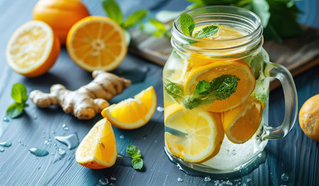 A transparent mason jar filled with vibrant lemon slices and fresh green mint leaves, creating a refreshing and colorful display.の素材
