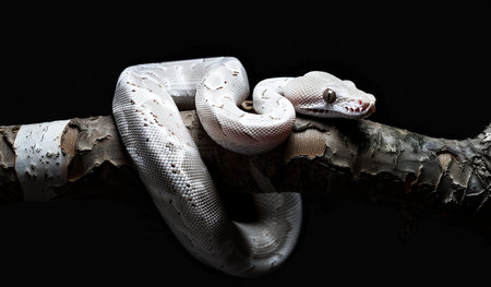 A white snake is peacefully curled up on a branch, blending into its surroundings with its light-colored skin. The snakes body forms a smooth S-shape as it rests comfortably on the sturdy tree limb.の素材