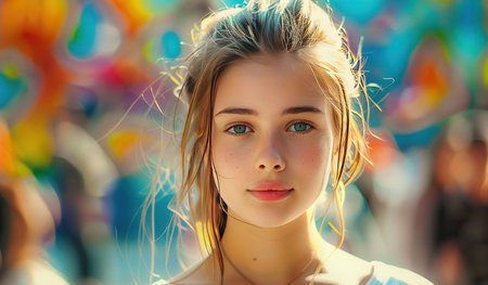 A young girl with blue eyes wearing a messy ponytail looks directly at the camera. Her hair is loosely tied back, strands falling around her face. She appears casual and relaxed in her demeanor.の素材