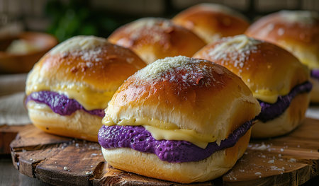 A detailed view of a collection of freshly baked buns neatly arranged on a wooden table, showing their fluffy texture and golden brown crust.の素材