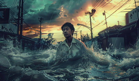 A man is sitting calmly in the middle of a vast body of water, surrounded by nothing but water in all directions. The water seems calm, reflecting the sky above.の素材