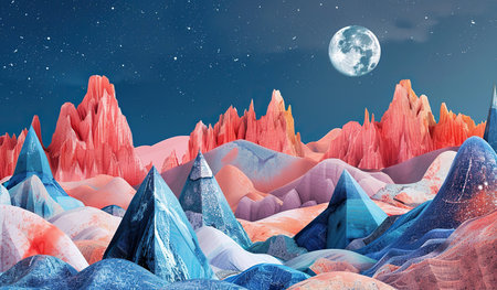 A painting depicting a scene of towering mountains under the glow of a full moon. The moon shines brightly in the night sky, casting a serene light over the rugged mountain peaks.の素材
