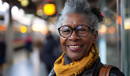 A woman with glasses is wearing a vibrant yellow scarf, adding a pop of color to her outfit. She appears confident and stylish as she poses for the camera.の素材
