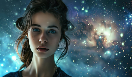 A woman with striking blue eyes directly meets the cameras gaze. Her facial expression is neutral as she looks straight ahead with a sense of confidence. The close-up shot emphasizes her intense eye color and the connection she establishes with the viewer.の素材