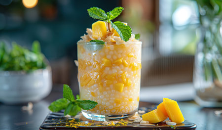 A transparent glass filled with a colorful assortment of food items, topped with a fresh sprig of mint. The dish is elegantly presented and ready to be enjoyed.の素材