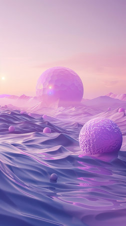 A computer-generated image depicting various planets floating in the vast expanse of the ocean. Each planet is uniquely detailed, with different colors and textures, creating a surreal and intriguing scene.の素材