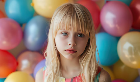 A young female child is standing in front of a collection of colorful balloons. She appears to be looking at the balloons with curiosity and joy, while holding onto one balloon string in her hand.の素材