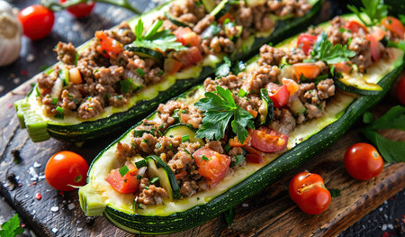 A zucchini has been hollowed out and filled with a savory mixture of meat and vegetables, displayed on a wooden cutting board. The zucchini is sliced open to reveal the flavorful stuffing.の素材