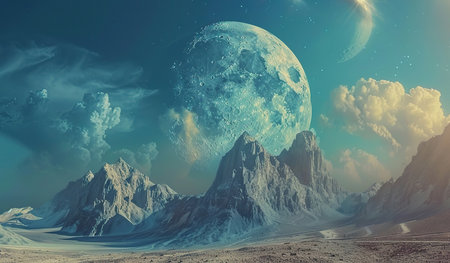A painting depicting a majestic mountain range under a moonlit sky. The moon shines brightly, casting a gentle glow over the rugged peaks and valleys below.の素材