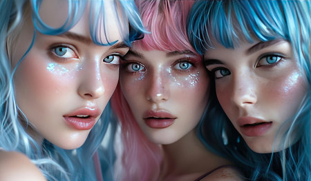 Three women with vibrant blue and pink hair standing together. They are posing confidently, showing their unique hair colors. The women exude style and individuality, standing out with their colorful hair.の素材
