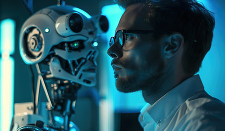 A man stands next to a robot in a room. The man appears to be observing or interacting with the robot. The room is nondescript and lacks any distinctive features.の素材