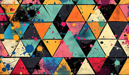 This abstract artwork showcases an array of vibrant and bold triangles intersecting and overlapping on the canvas. Each triangle is filled with a mix of contrasting and harmonious colors, creating a dynamic and energetic composition.の素材