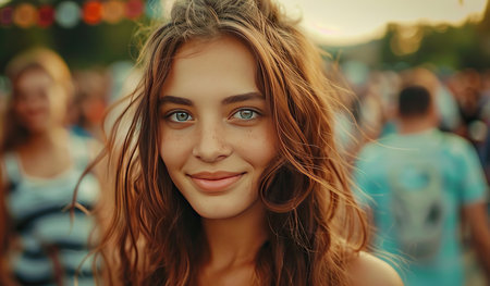 A woman with long flowing hair and striking blue eyes is smiling in this portrait. Her eyes are bright, and her expression is joyful and warm.の素材
