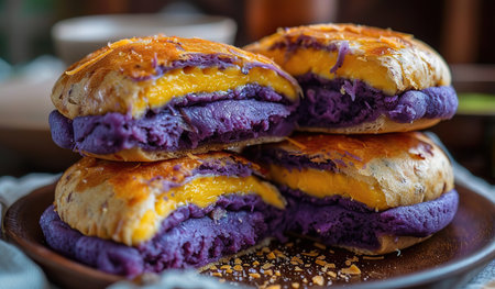 A plate holds a stack of pastries, alternating between purple and yellow colors. The pastries are neatly arranged, showing off their delicious and vibrant appearance.の素材