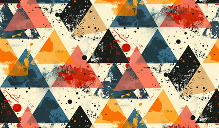 A series of colorful triangles arranged in a repeating pattern on a white background. The triangles vary in size and are meticulously positioned to create a visually appealing design. Each triangle features a different vibrant color that contrasts beautifully against the white backdrop.の素材