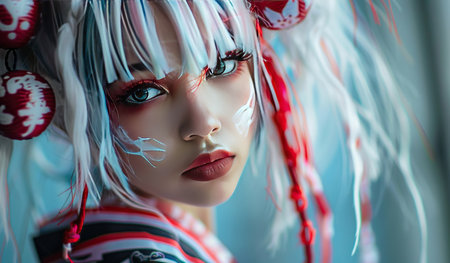 The image depicts a close-up view of a person with striking white hair. The individuals hair is prominently displayed, showing its unique color and texture. The focus is on the persons hair, highlighting its distinct appearance.の素材