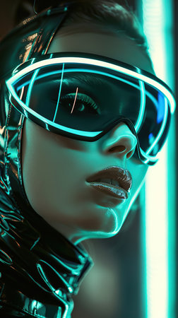 A woman is depicted in the image wearing a futuristic suit and goggles. She appears to be ready for a high-tech adventure or mission, with the suit and goggles designed for protection and functionality in a futuristic setting.の素材