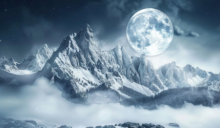 A towering mountain covered in snow under a clear night sky with a full moon shining brightly. The moon illuminates the landscape, casting shadows of trees and rocks. A serene and cold scene, the mountain stands majestically against the backdrop of the moonlit sky.の素材