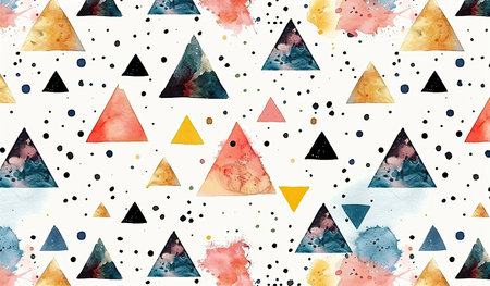 A watercolor painting featuring a vibrant pattern of geometric triangles and small dots. The triangles vary in size and color, creating a dynamic and eye-catching arrangement. Dots are scattered throughout, adding a playful and modern touch to the design.の素材