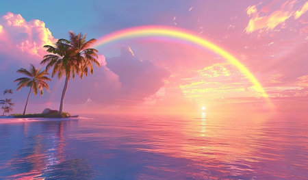 A rainbow extends from one end of the sky to the other, arching over the vast ocean. Below, tall palm trees stand against the backdrop of the colorful sky.の素材