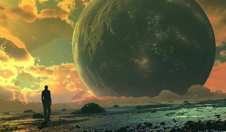 A man is standing in front of a massive, looming planet in space. The mans silhouette is contrasted against the planets size, emphasizing its enormity and grandeur. The scene captures a sense of awesomeness and insignificance in the face of the vastness of the universe.の素材